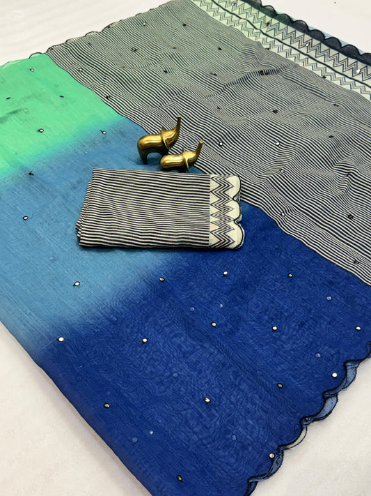 Elegant Ombre Blue & Mint Linen Cotton Saree with Stripe Pallu & Mirror Work