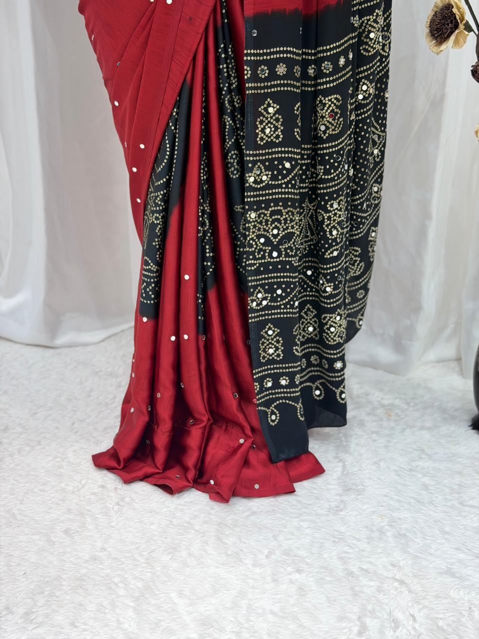 Elegant Wine Red & Black Bandhani Print Saree with Stone Work Border for Women