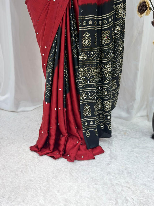 Elegant Wine Red & Black Bandhani Print Saree with Stone Work Border for Women