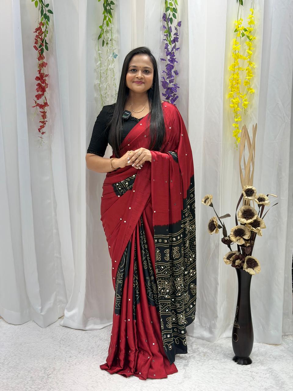 Elegant Wine Red & Black Bandhani Print Saree with Stone Work Border for Women