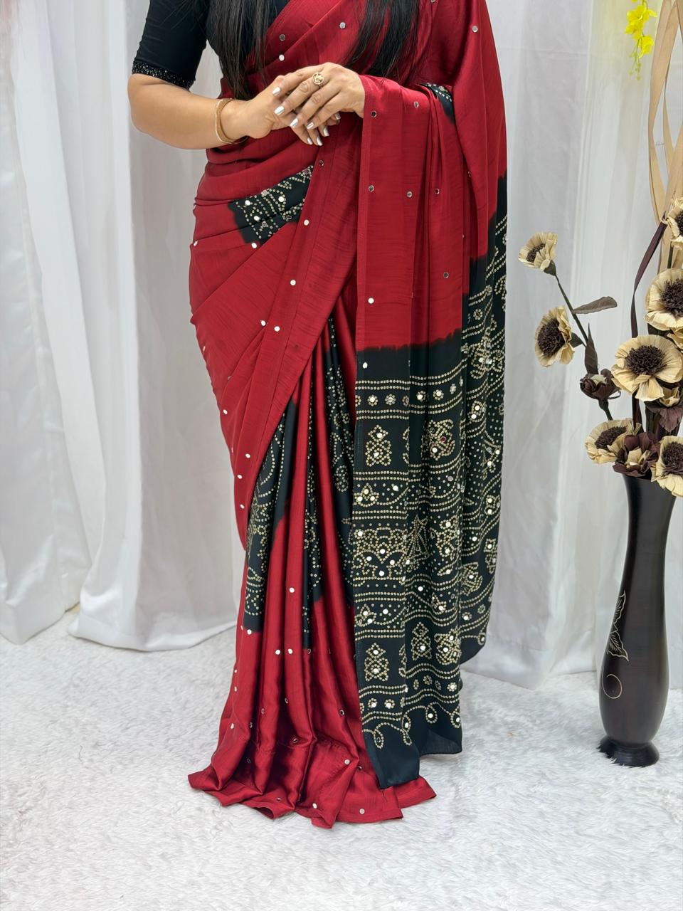 Elegant Wine Red & Black Bandhani Print Saree with Stone Work Border for Women