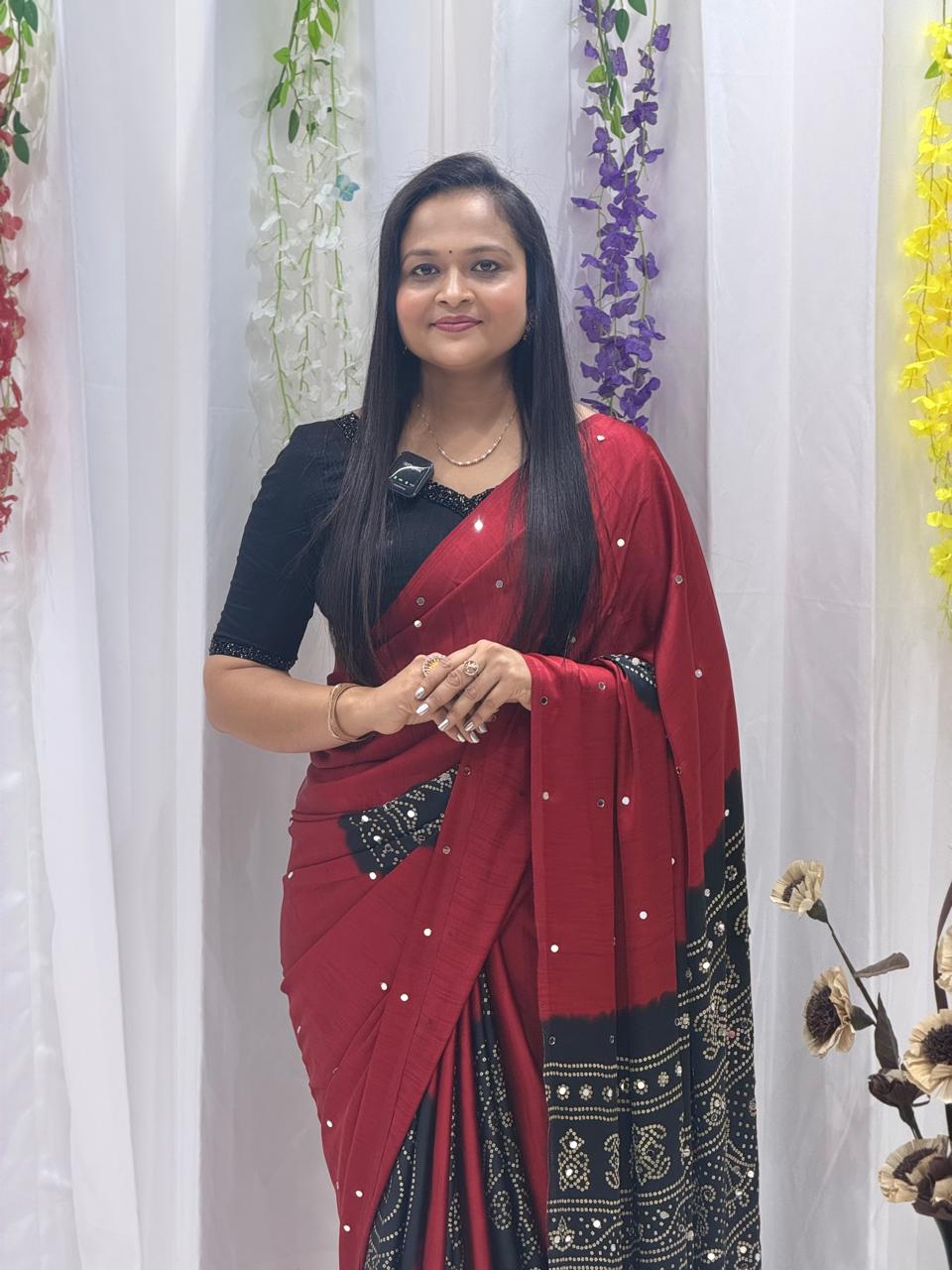 Elegant Wine Red & Black Bandhani Print Saree with Stone Work Border for Women