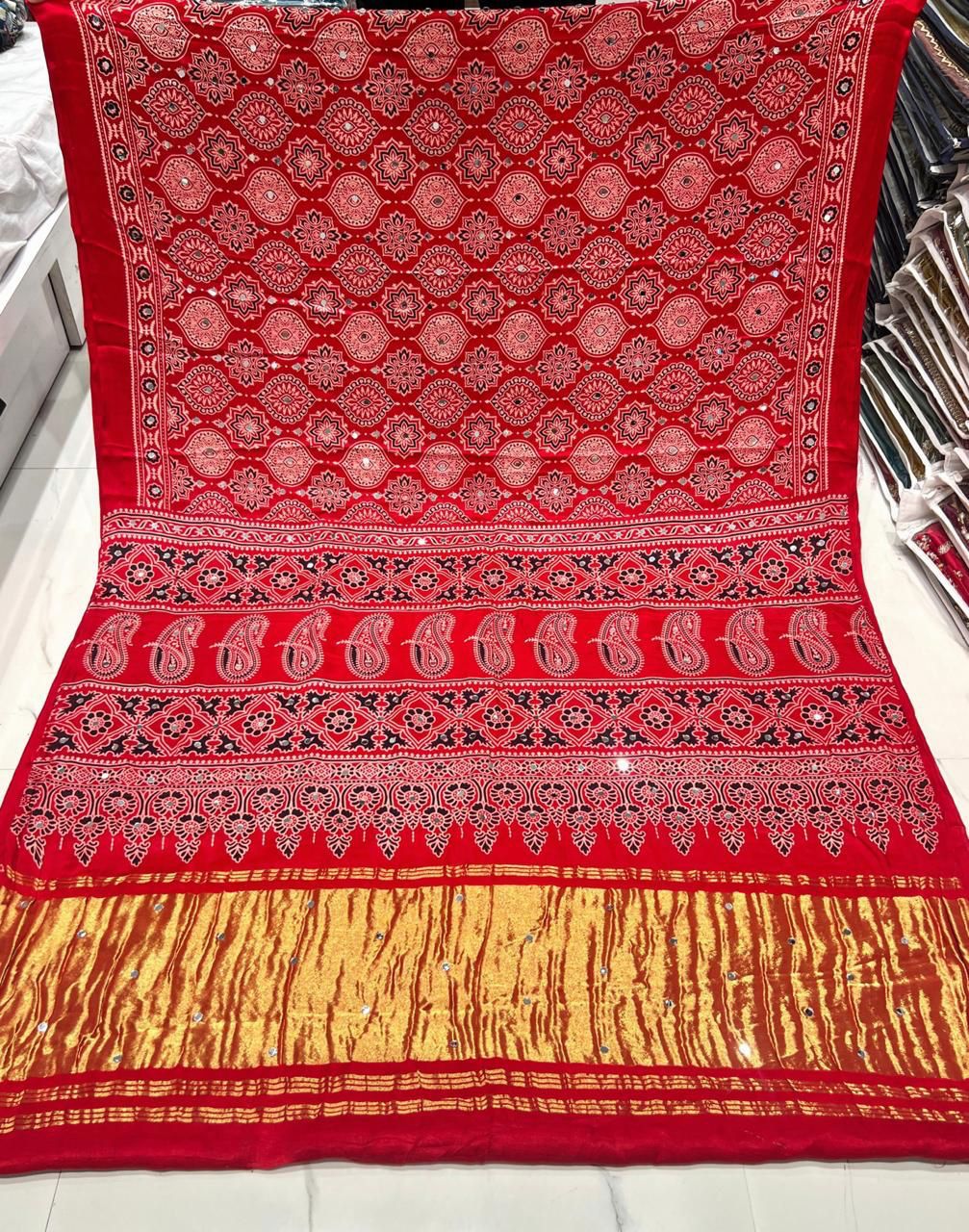 Royal Red Paisley & Floral Print Saree