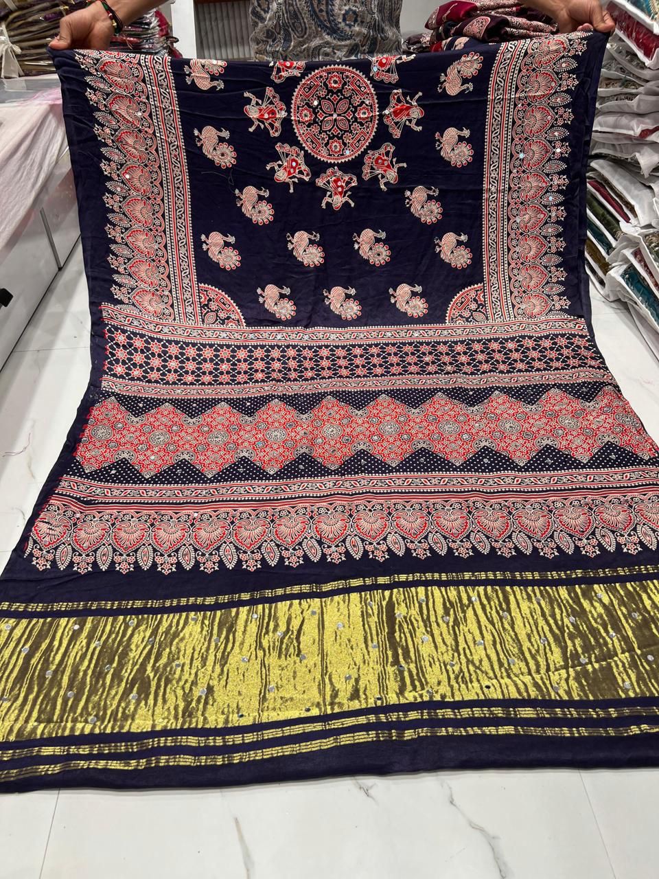 Heritage Mandala & Peacock Print Navy Blue Saree