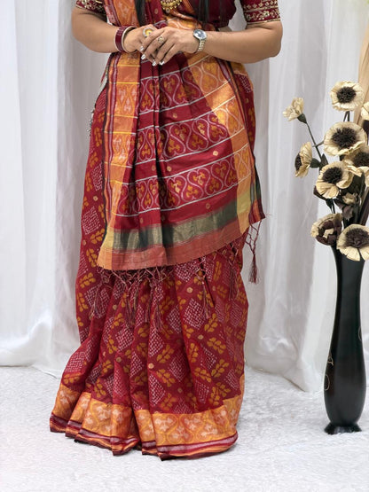 Elegant Wine Red Traditional Silk Blend Saree with Rich Woven Pallu & Ethnic Border