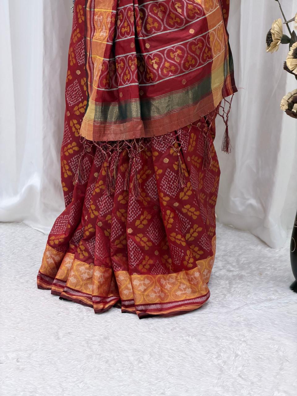 Elegant Wine Red Traditional Silk Blend Saree with Rich Woven Pallu & Ethnic Border