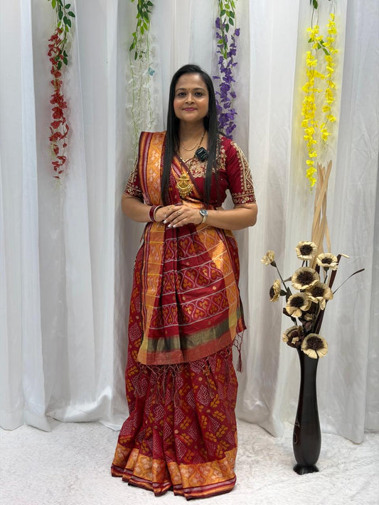 Elegant Wine Red Traditional Silk Blend Saree with Rich Woven Pallu & Ethnic Border