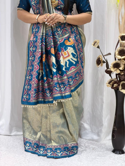 Royal Peacock Print Silk Blend Saree with Designer Border & Unstitched Blouse Piece