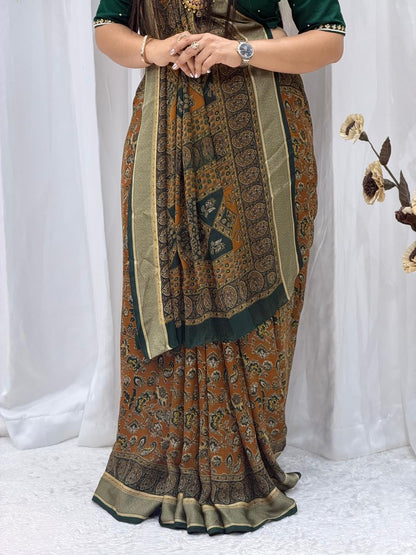 Elegant Mustard & Bottle Green Printed Silk Blend Saree with Rich Border