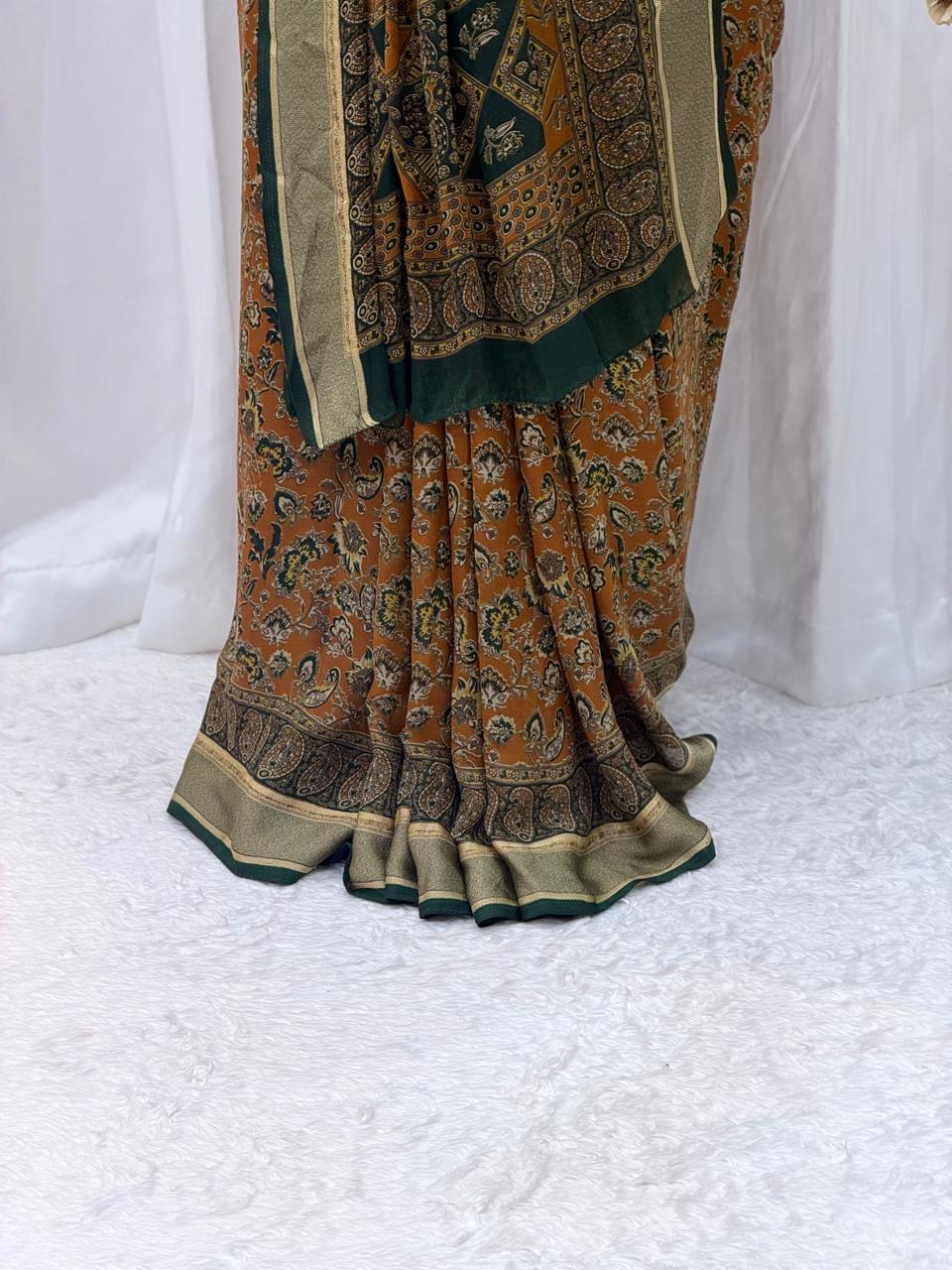 Elegant Mustard & Bottle Green Printed Silk Blend Saree with Rich Border