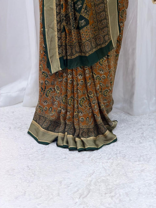 Elegant Mustard & Bottle Green Printed Silk Blend Saree with Rich Border