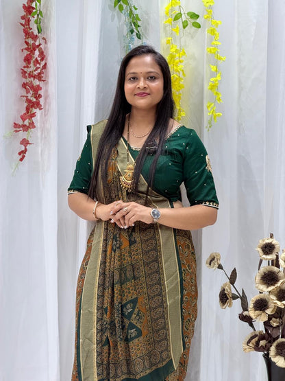 Elegant Mustard & Bottle Green Printed Silk Blend Saree with Rich Border