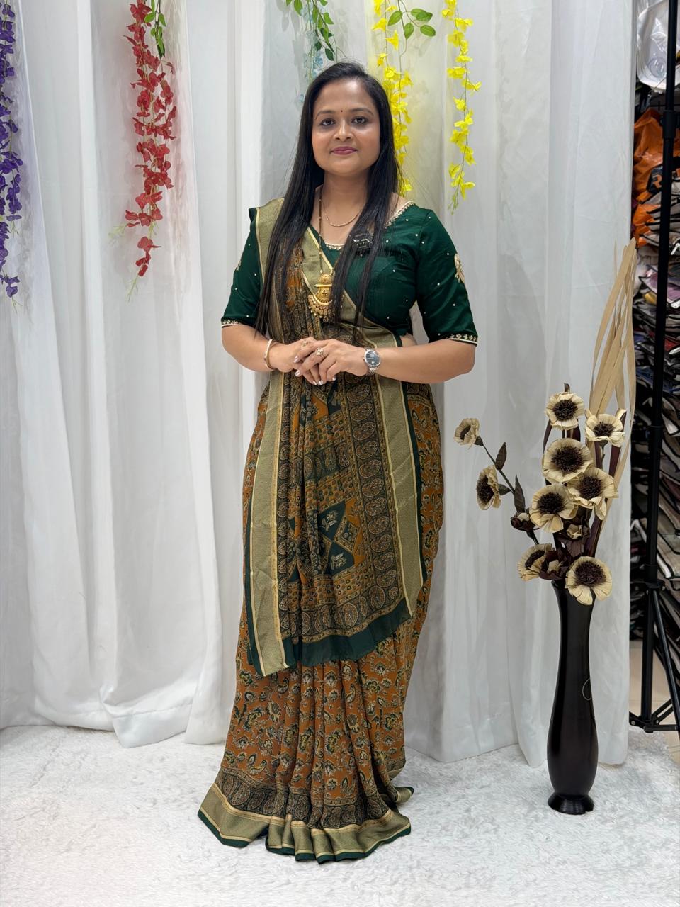 Elegant Mustard & Bottle Green Printed Silk Blend Saree with Rich Border