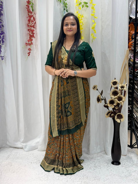 Elegant Mustard & Bottle Green Printed Silk Blend Saree with Rich Border