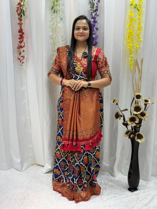 Royal Blue & Red Traditional Printed Saree with Elegant Tassel Border