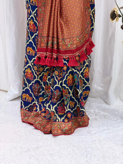 Royal Blue & Red Traditional Printed Saree with Elegant Tassel Border