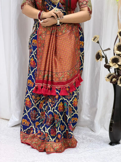 Royal Blue & Red Traditional Printed Saree with Elegant Tassel Border