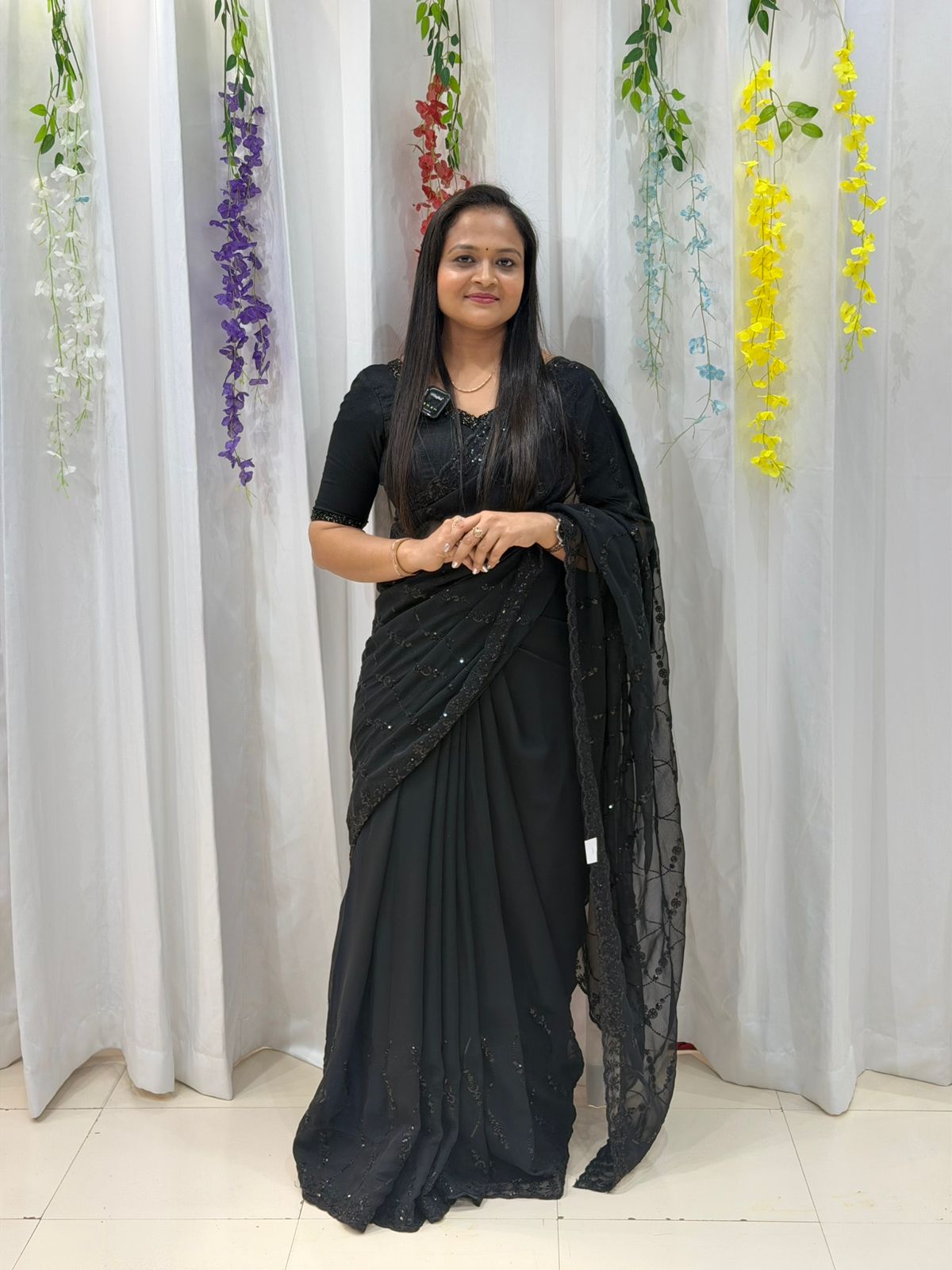 Elegant Midnight Black Embroidered Designer Saree for Women