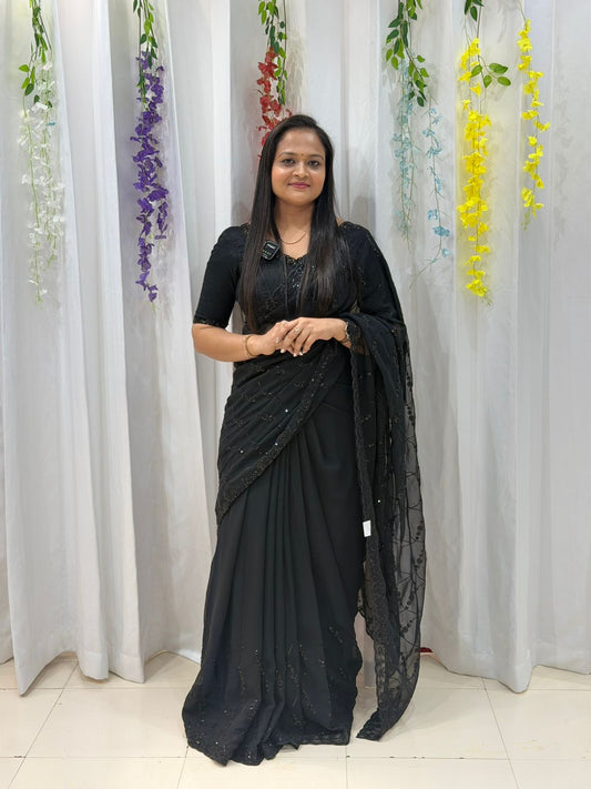 Elegant Midnight Black Embroidered Designer Saree for Women