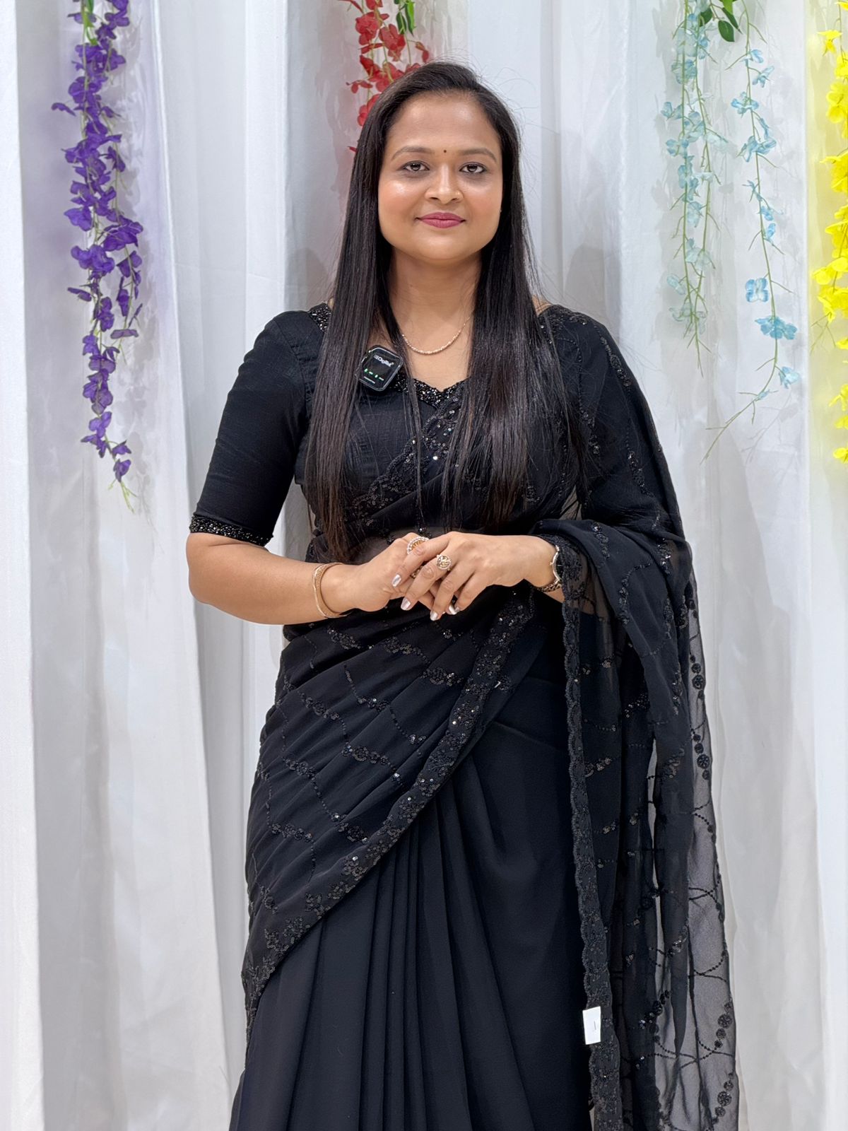 Elegant Midnight Black Embroidered Designer Saree for Women