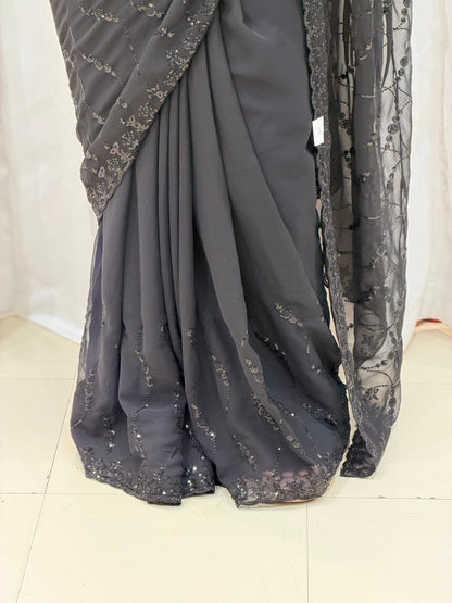 Elegant Midnight Black Embroidered Designer Saree for Women