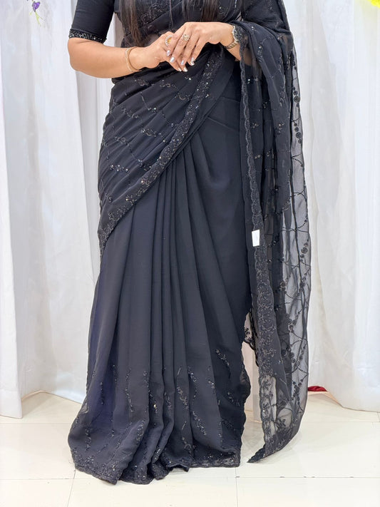 Elegant Midnight Black Embroidered Designer Saree for Women