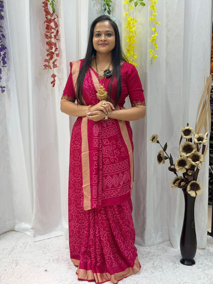 Rani Pink Bandhani Style Saree with Golden Border