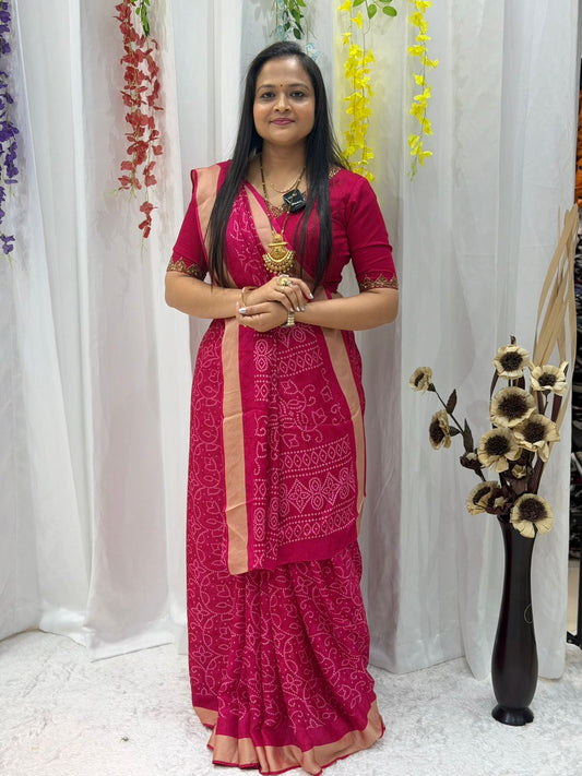 Rani Pink Bandhani Style Saree with Golden Border