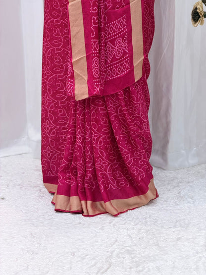 Rani Pink Bandhani Style Saree with Golden Border