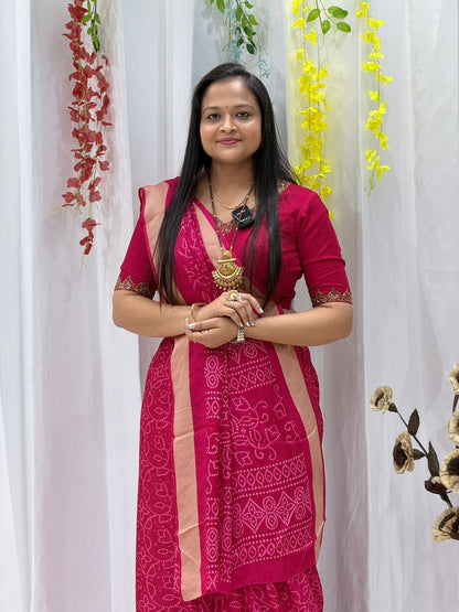 Rani Pink Bandhani Style Saree with Golden Border