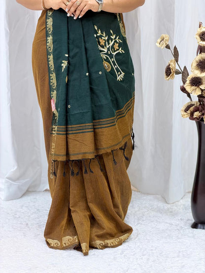 Traditional Handloom Style Cotton Saree in Green & Mustard Gold