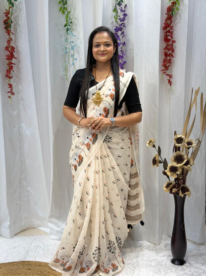 Elegant Off-White Floral Printed Traditional Saree