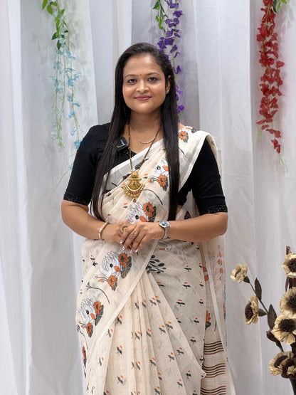 Elegant Off-White Floral Printed Traditional Saree