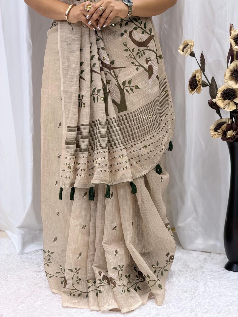 Elegant Beige Handcrafted Print Saree with Olive Green Contrast Border