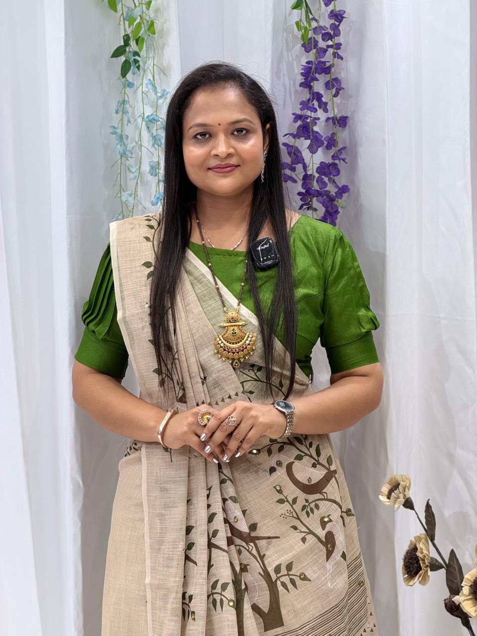 Elegant Beige Handcrafted Print Saree with Olive Green Contrast Border