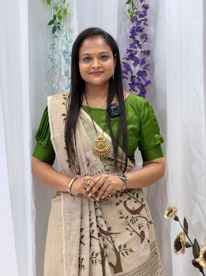 Elegant Beige Handcrafted Print Saree with Olive Green Contrast Border
