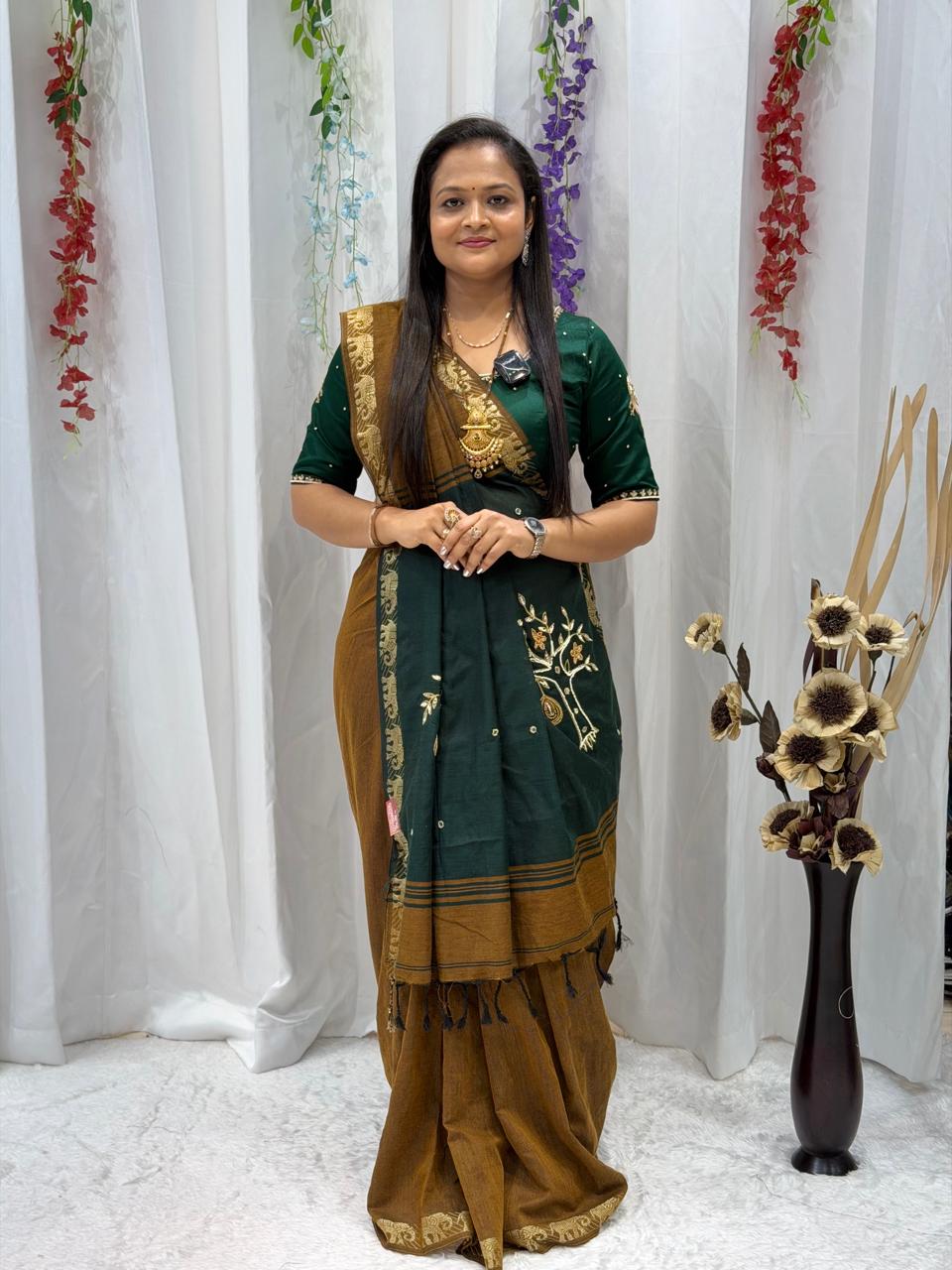 Traditional Handloom Style Cotton Saree in Green & Mustard Gold