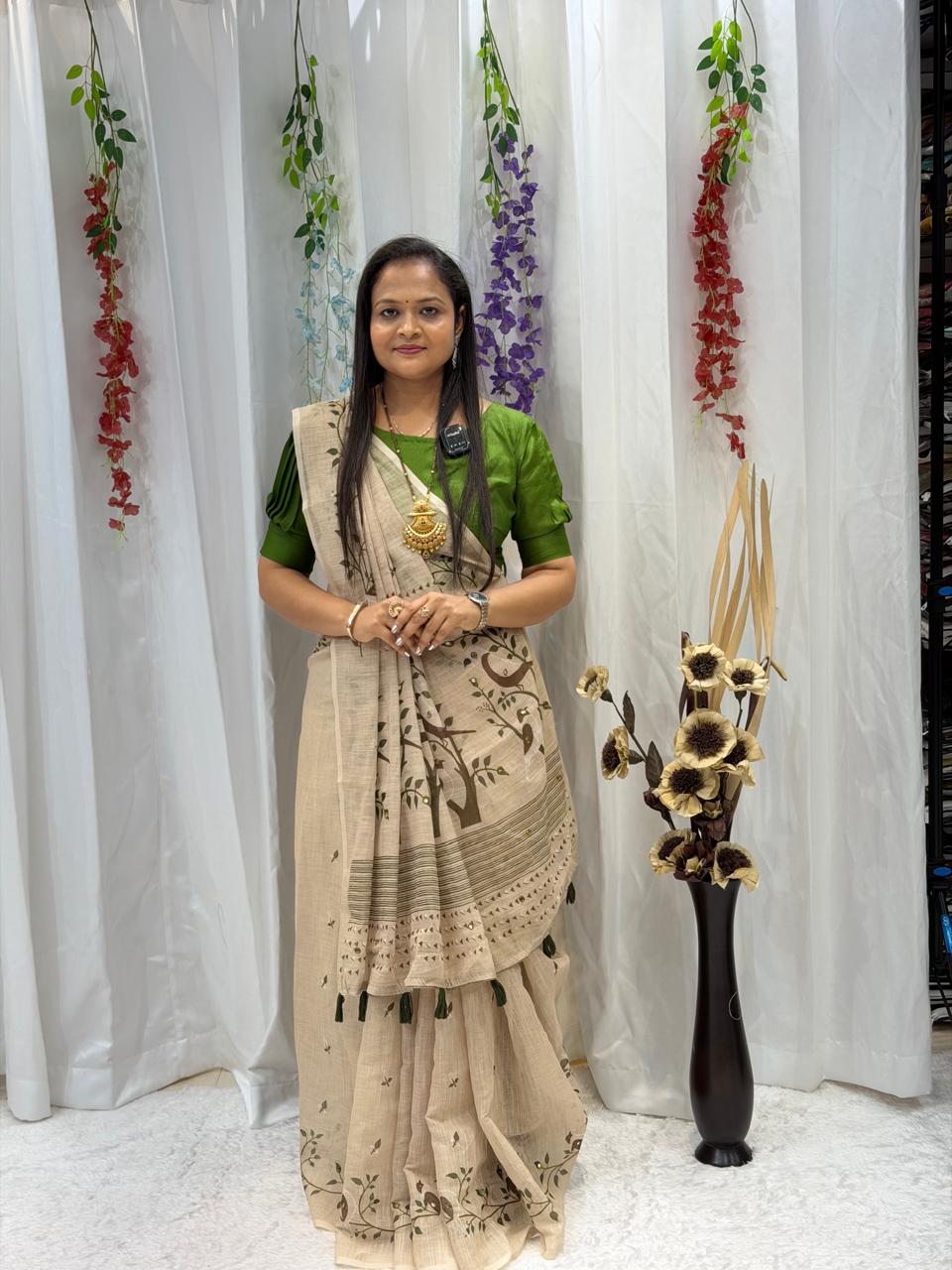 Elegant Beige Handcrafted Print Saree with Olive Green Contrast Border
