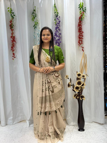Elegant Beige Handcrafted Print Saree with Olive Green Contrast Border