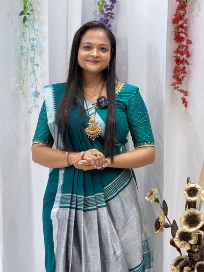 Royal Teal Silver Border Cotton Saree