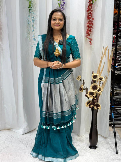 Royal Teal Silver Border Cotton Saree