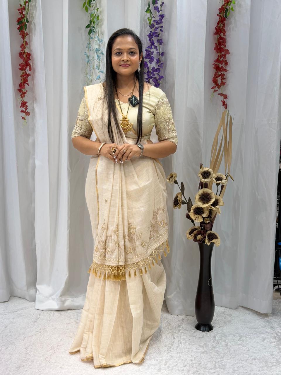 Ivory Grace Handcrafted Traditional Saree with Elegant Border Detailing