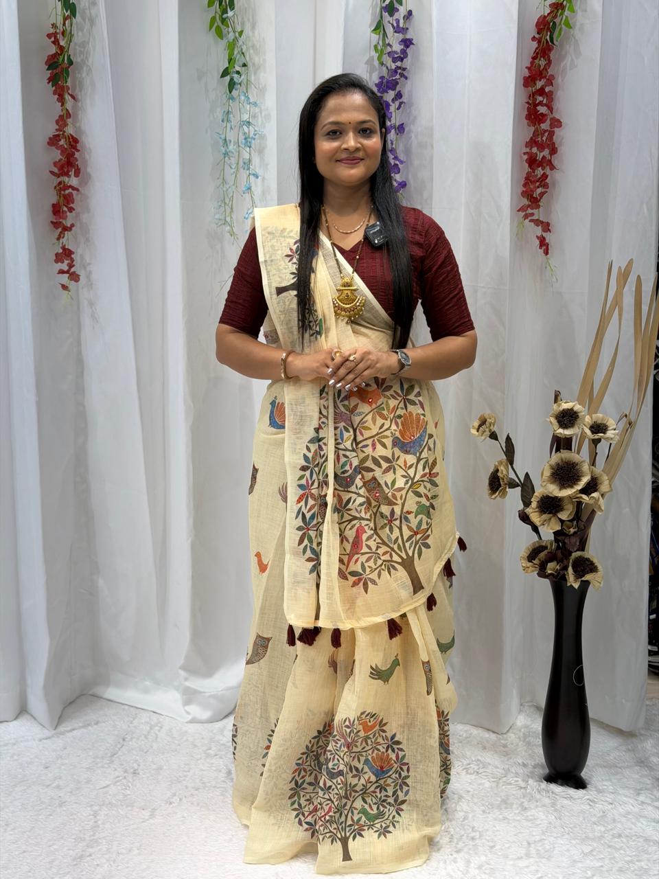 Ivory Heritage Tree Print Linen Saree with Artistic Nature Motifs