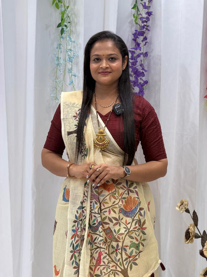 Ivory Heritage Tree Print Linen Saree with Artistic Nature Motifs