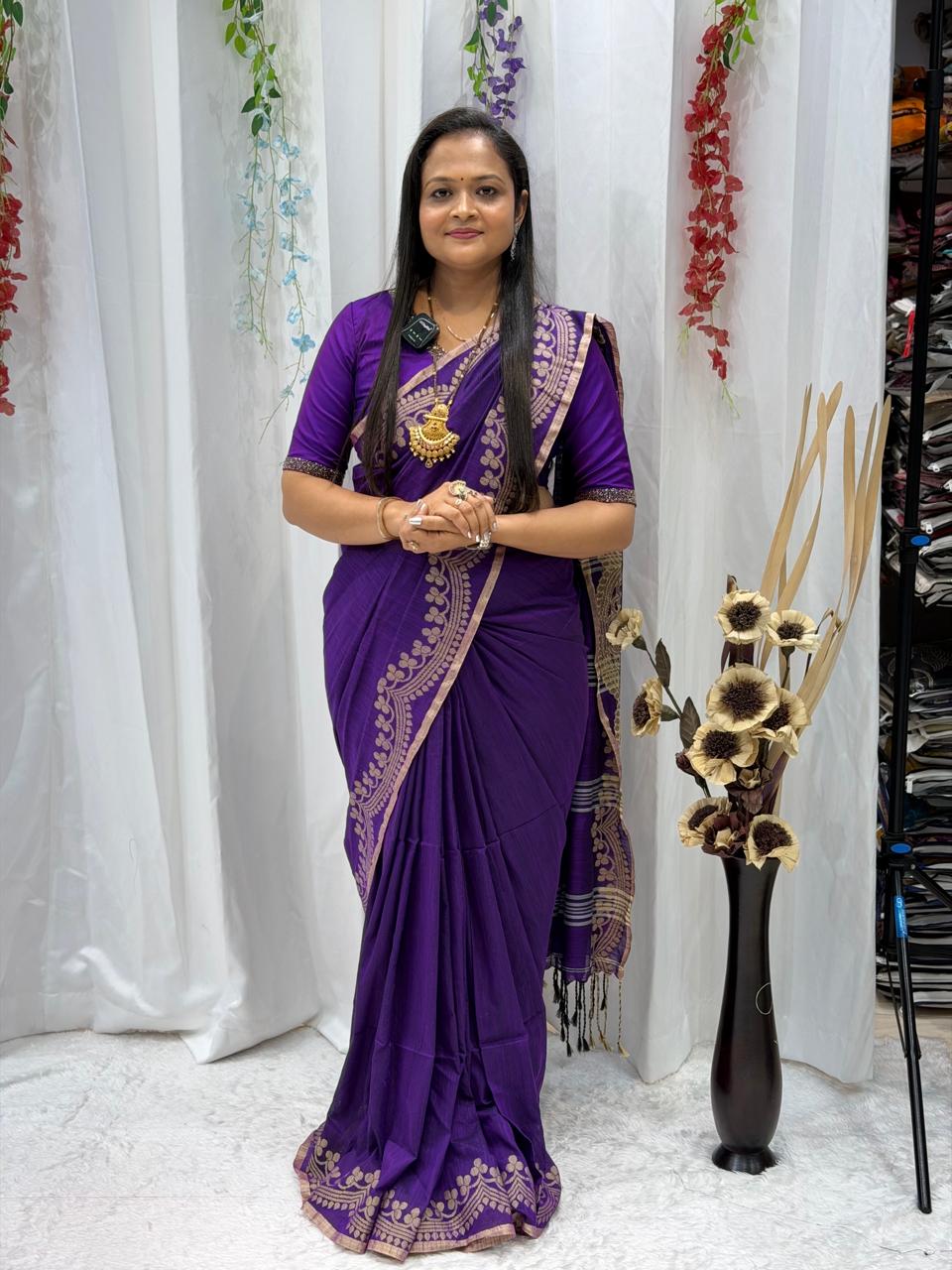 Royal Purple Traditional Border Saree with Elegant Woven Detailing