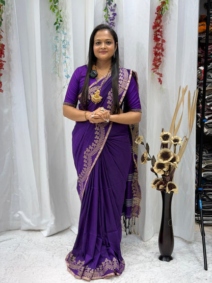 Royal Purple Traditional Border Saree with Elegant Woven Detailing