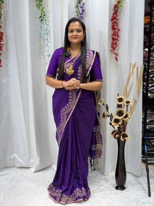 Royal Purple Traditional Border Saree with Elegant Woven Detailing