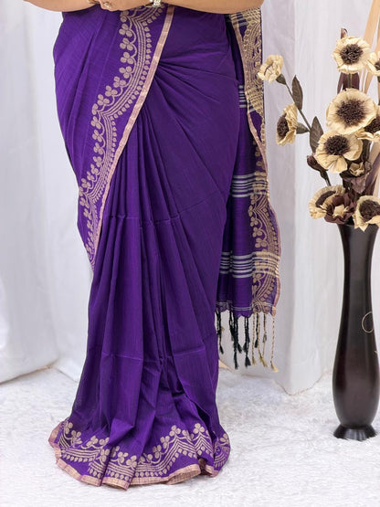 Royal Purple Traditional Border Saree with Elegant Woven Detailing