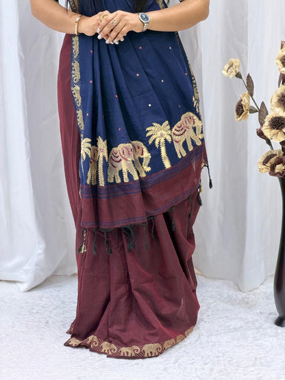 Royal Navy Blue Heritage Border Traditional Saree