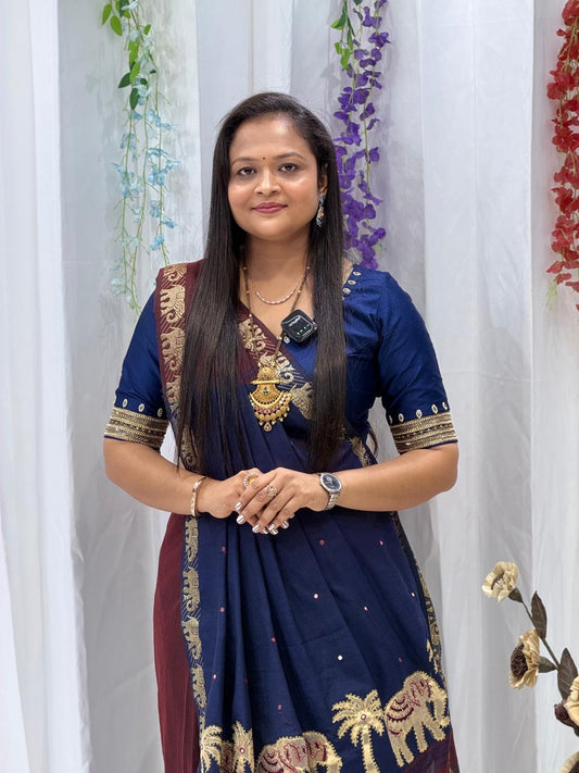 Royal Navy Blue Heritage Border Traditional Saree